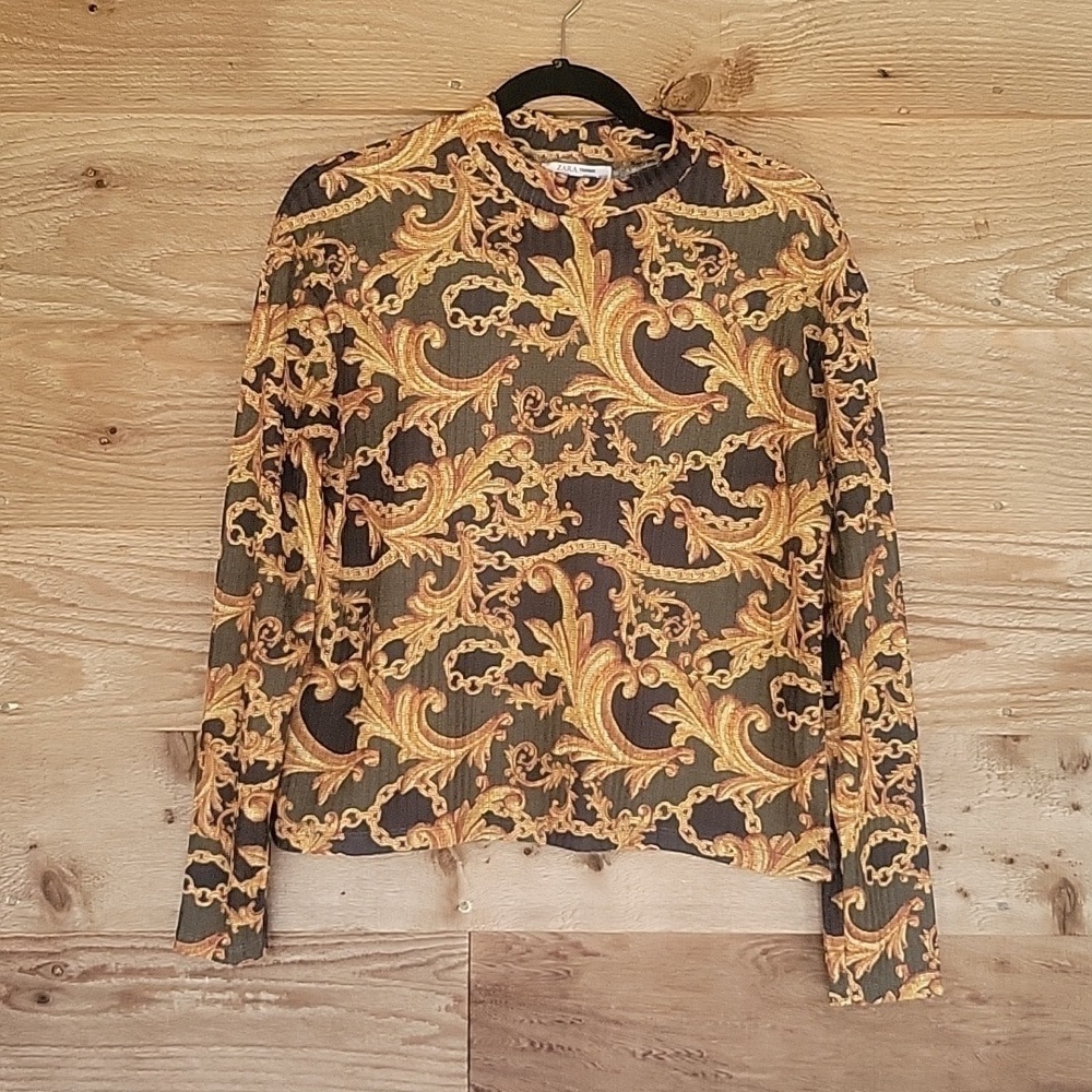 Zara Mock Neck Gold, Black, Olive Printed Top Size Medium
